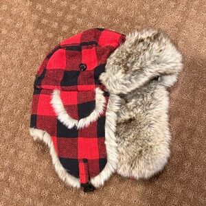 Red and Black Plaid Trapper Hat with Faux Fur